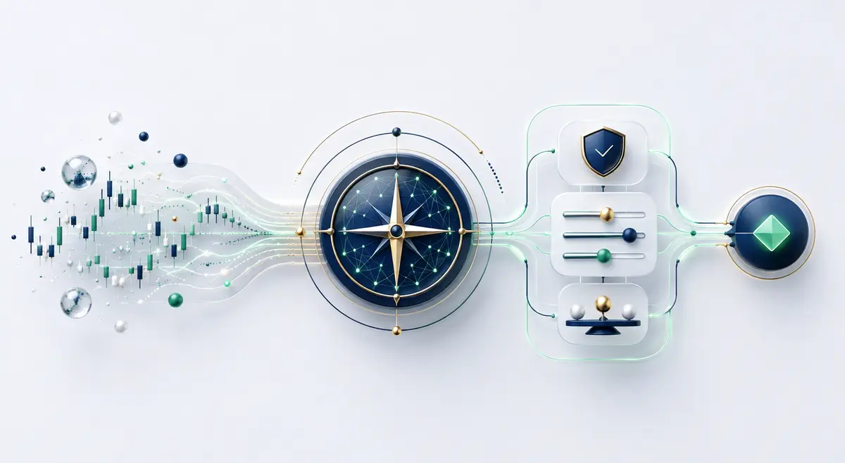 Conceptual diagram of Compass Yielova AI market analysis flowing through risk controls to a trading decision