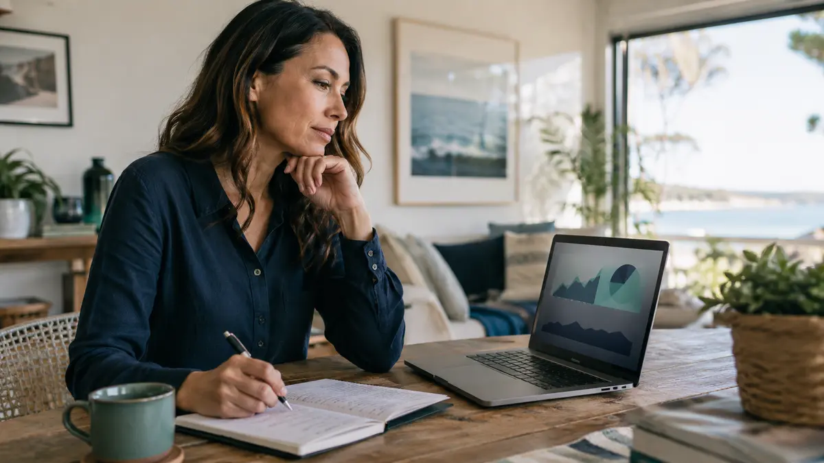 Australian beginner reviewing Compass Yielova trading education at a home workspace